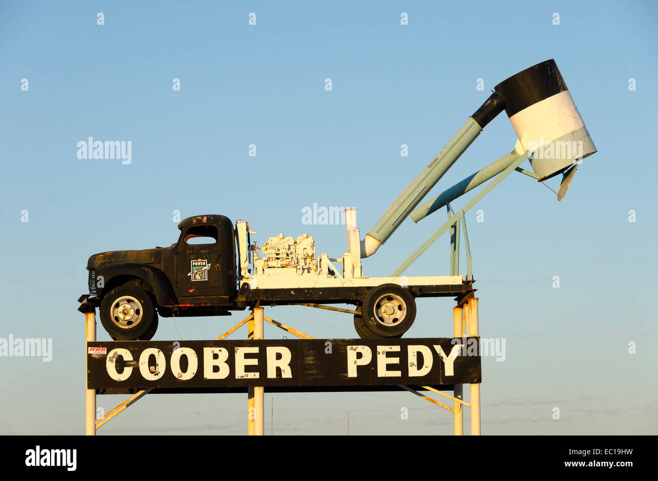 mining truck, sign, Coober Pedy, South Australia Stock Photo