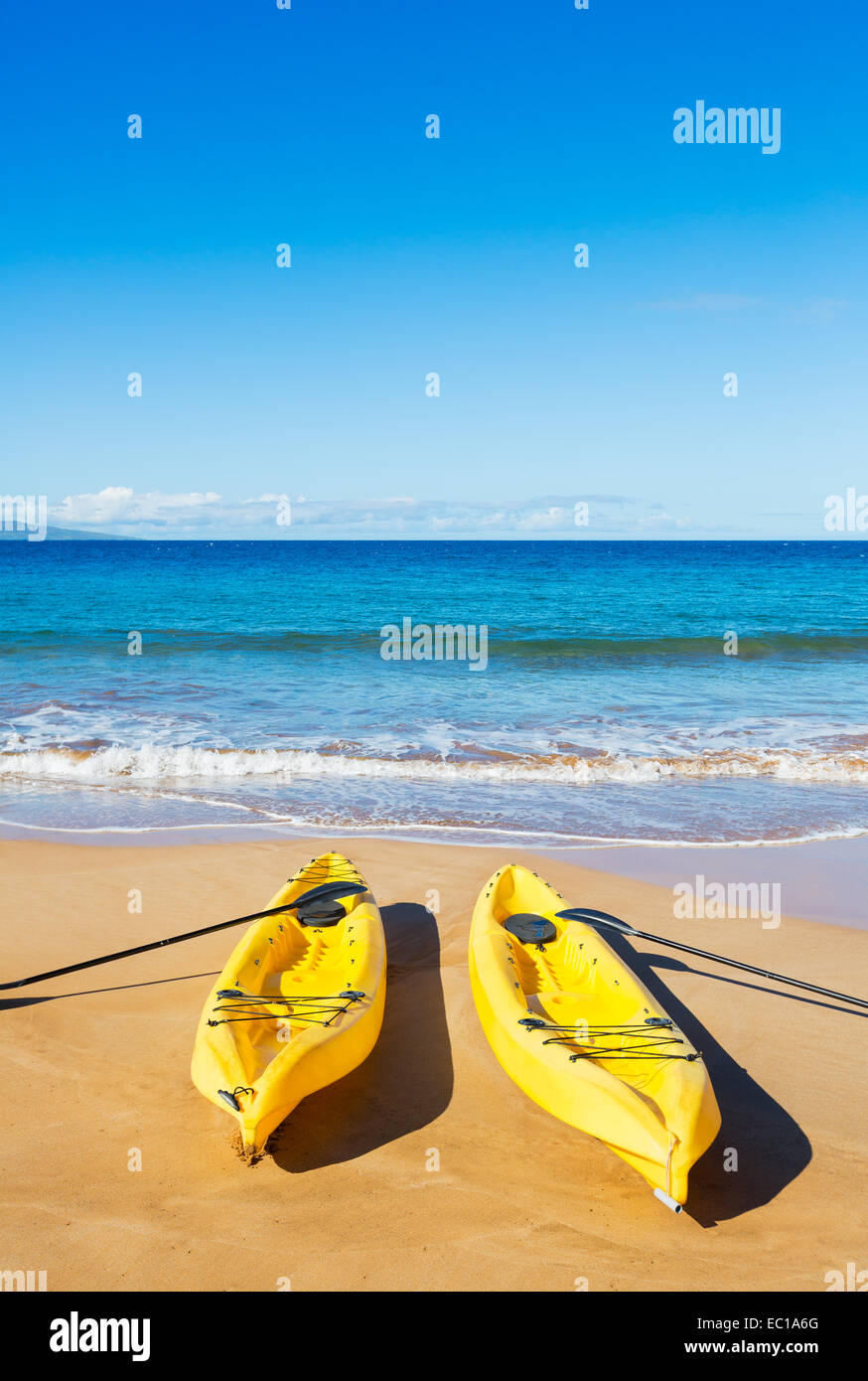 Two Yellow Ocean Kayaks on Sunny Tropical Beach Stock Photo