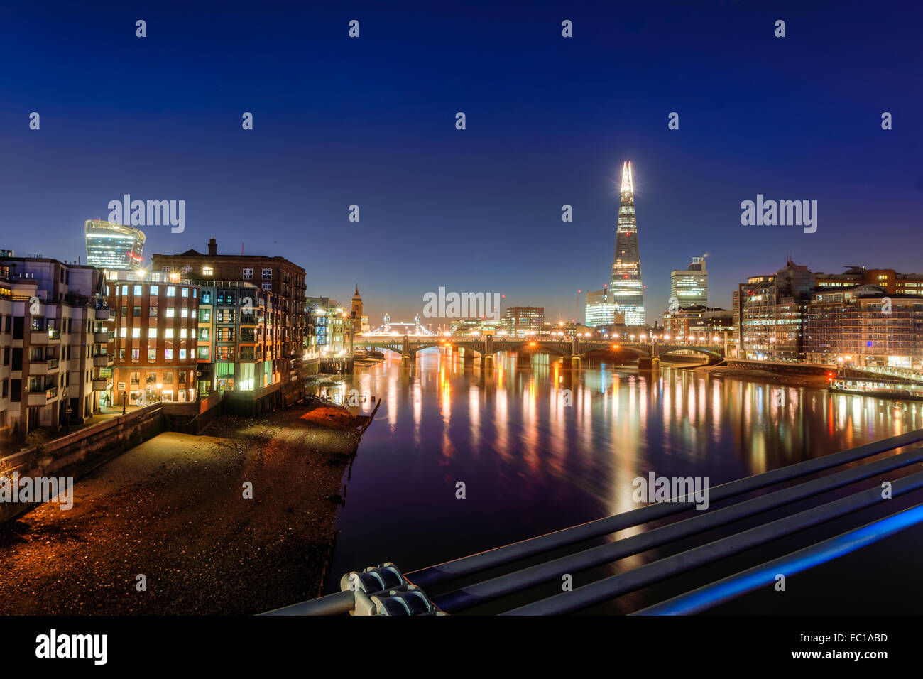 night view from millennium bridge over the river Thames in London Stock Photo