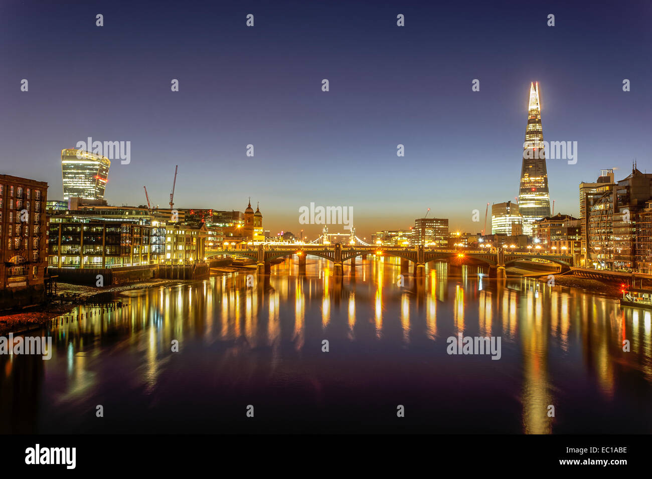 night view from millennium bridge over the river Thames in London Stock Photo