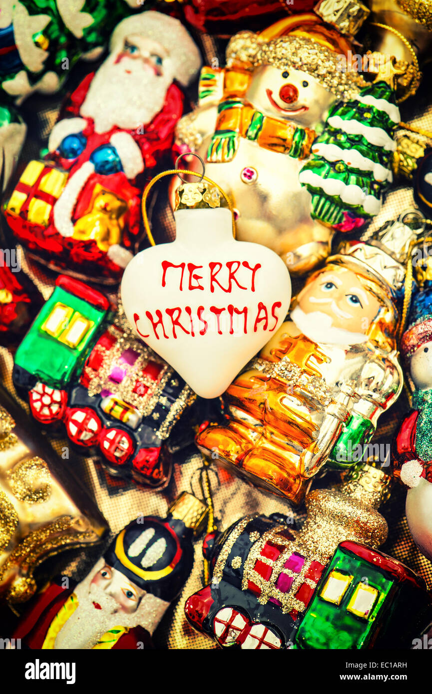 christmas baubles, toys and ornaments. vintage colorful decorations