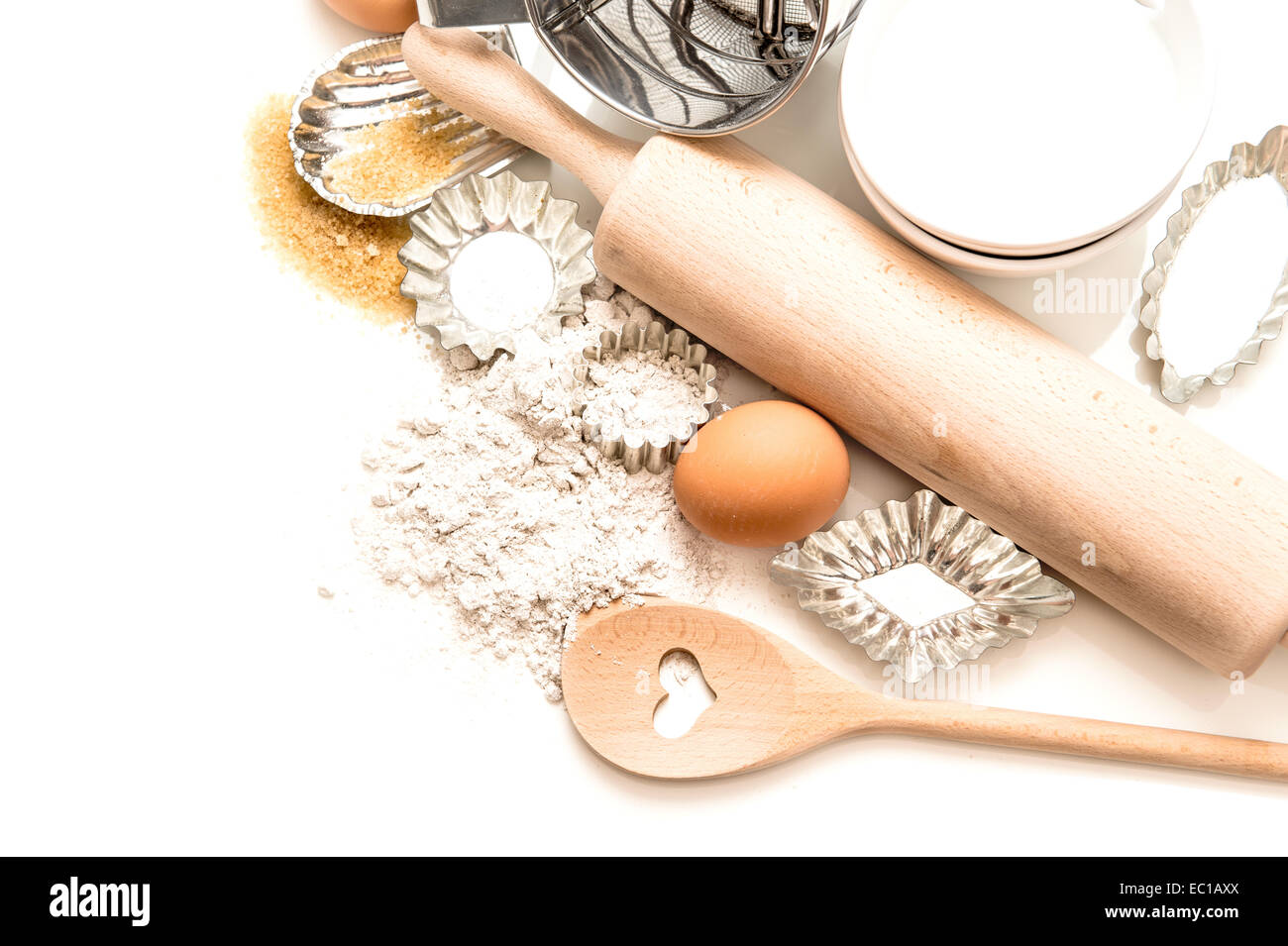 Baking or cooking ingredients, kitchen items for baking cakes. Kitchen  utensils, flour, eggs, almond, cinnamon, butter, sugar, rum. Pastry making  and Stock Photo - Alamy