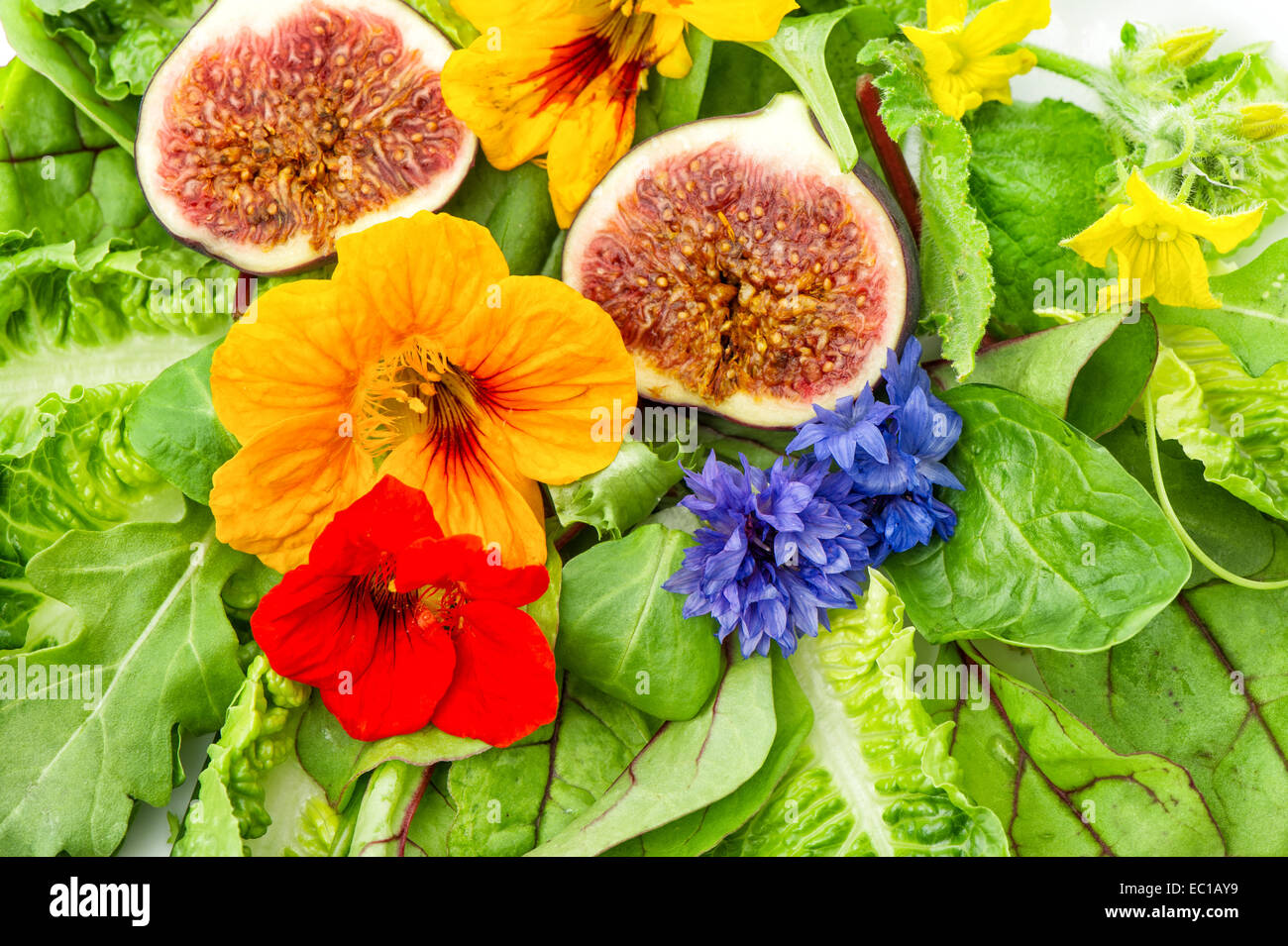 fresh green salad with flowers and fig fruits. creative healthy food Stock Photo