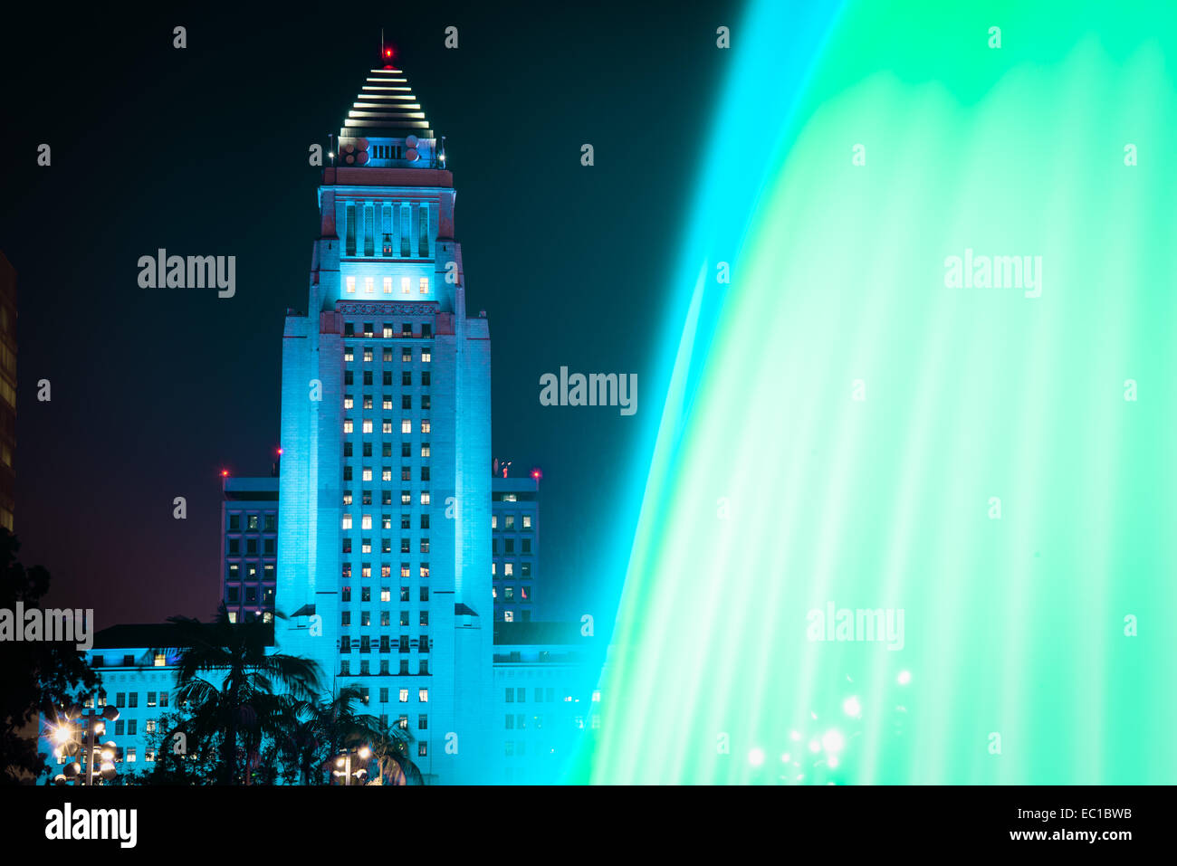 Los Angeles City Hall as seen from the Grand Park at night, Los Angeles, California, USA Stock Photo