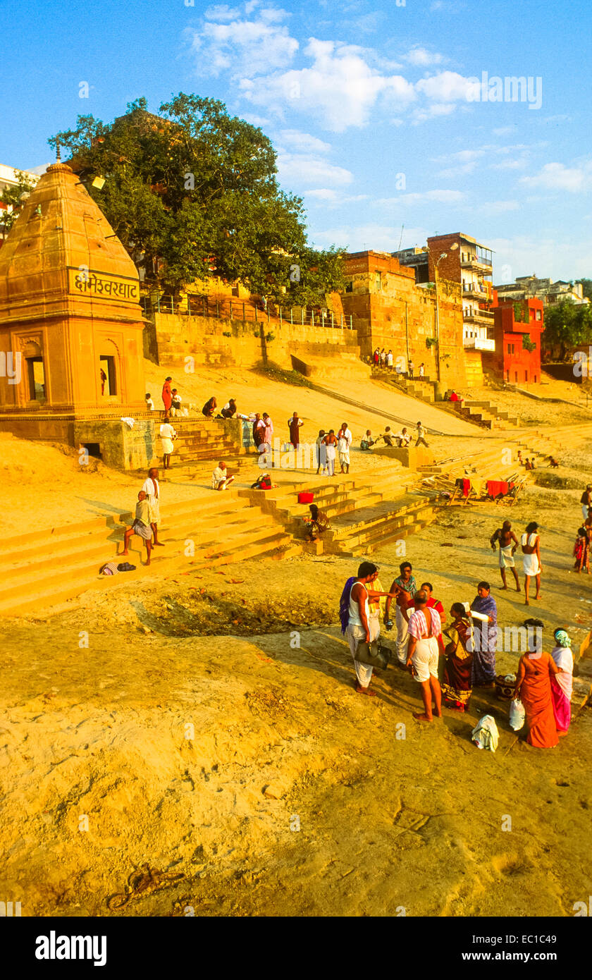 people at the banks of ganges river in varanasi in india Stock Photo