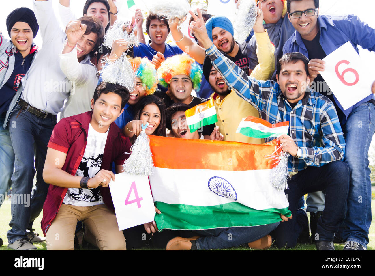 indian friends group Crowds Stadium cheer Stock Photo