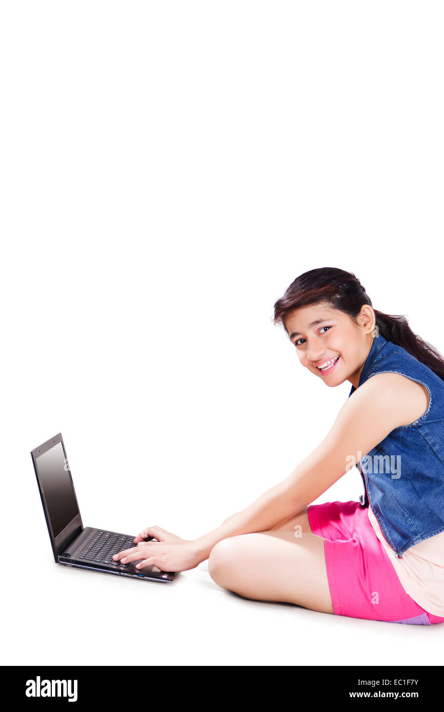 1 indian Beautiful girl Laptop chatting Stock Photo