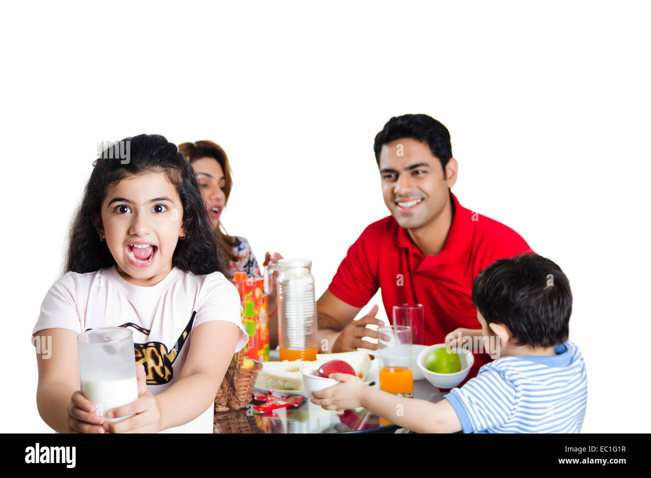 indian Parents with child  Breakfast Stock Photo