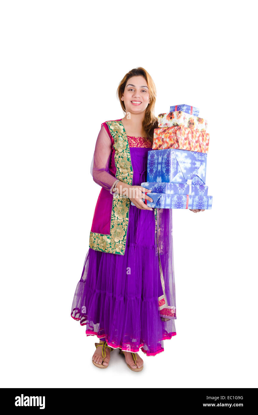 indian lady gift Shopping Stock Photo