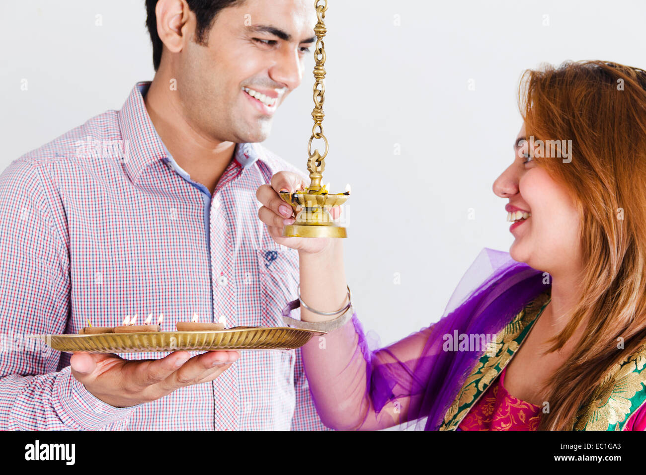 indian married couple Diwali Festival Worship Stock Photo - Alamy