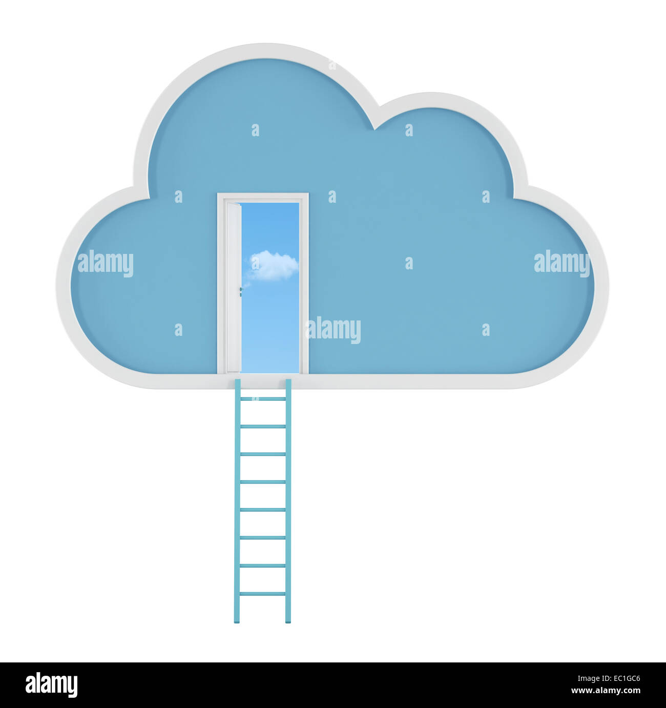 Cloud with ladder isolated on white and open door with sky on background - 3D Rendering Stock Photo