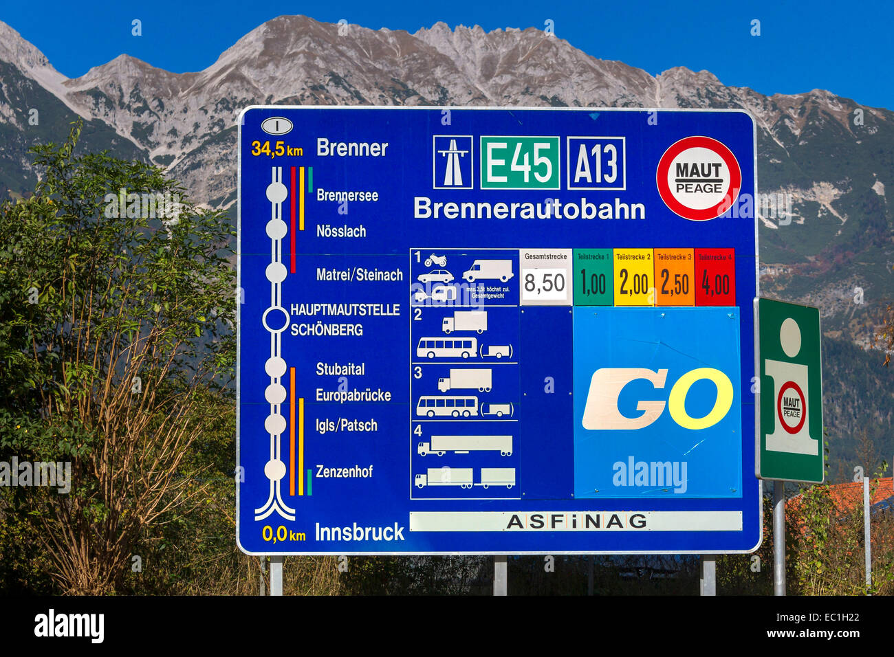 Roadside Brenner autobahn sign, South Tyrol, Italy, Europe Stock Photo
