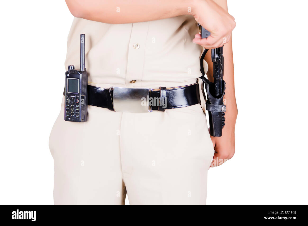 1 Indian Police man Officer holding Gun Crime Control Stock Photo