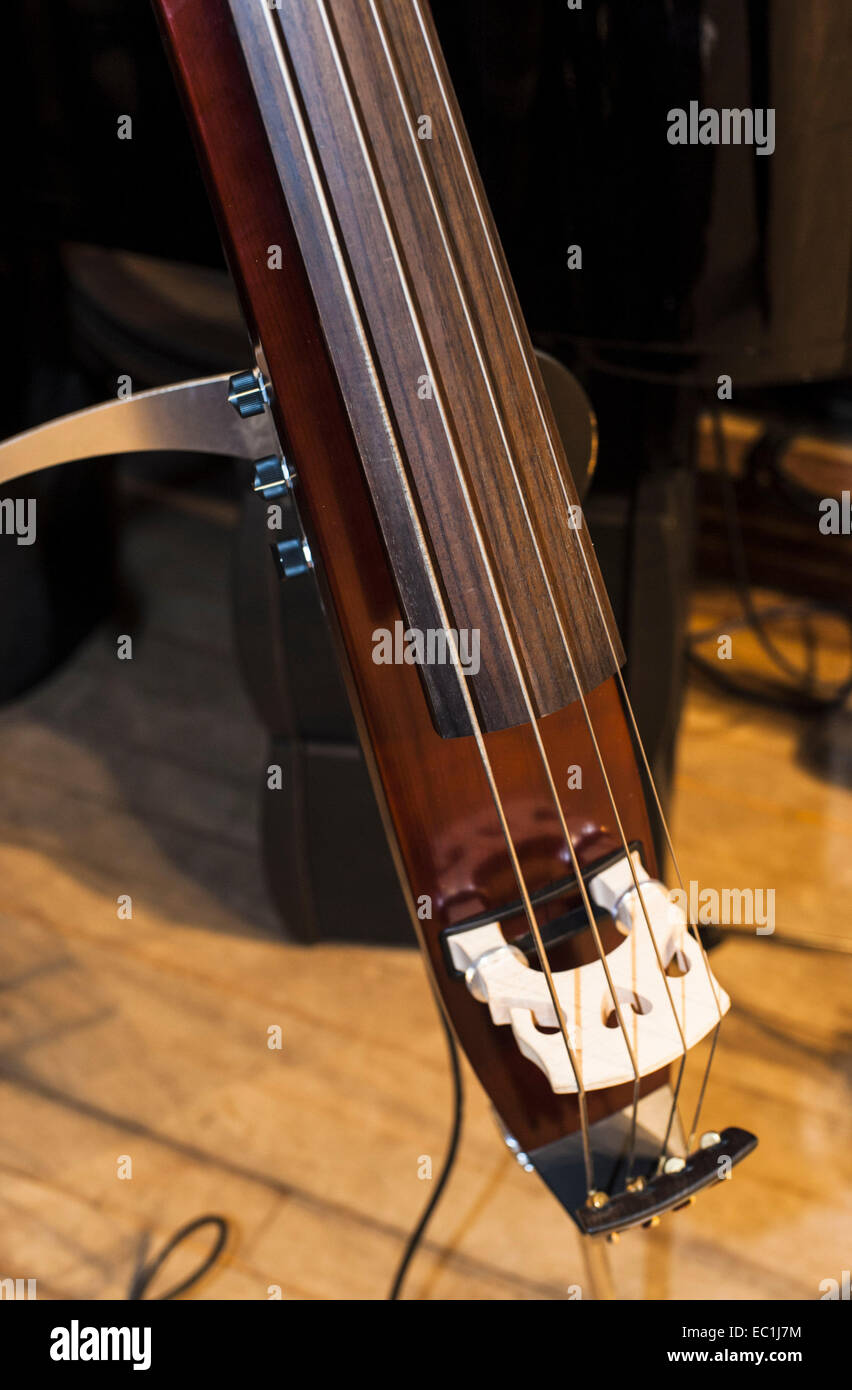 Silent electric upright bass,  double bass, 4-string; close-up of strings, bridge, electric pick-up, volume control knobs Stock Photo