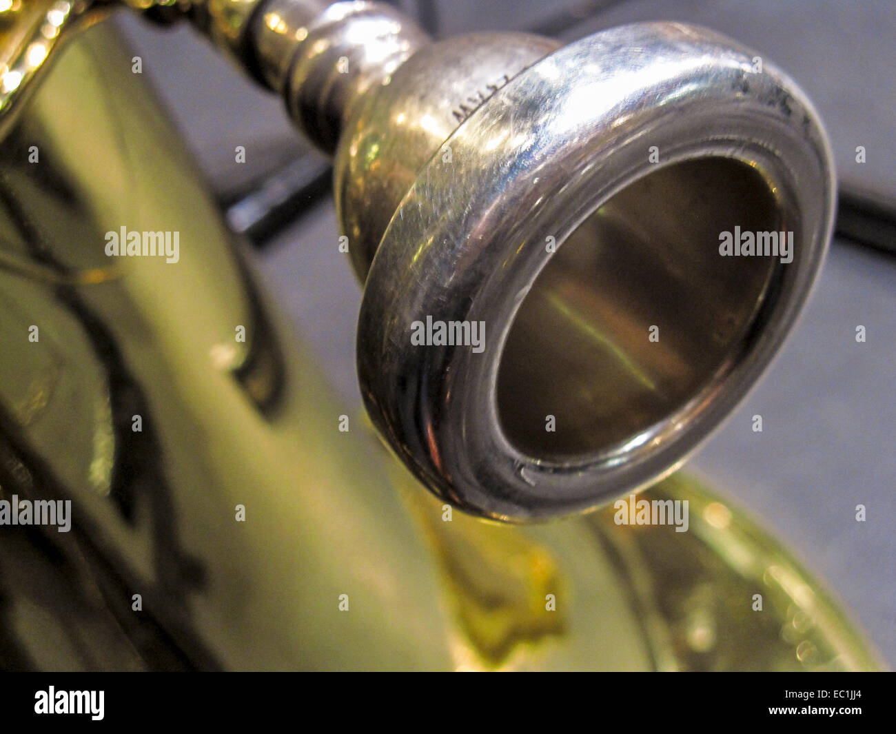 Tuba mouthpiece. Bach 24 AW model, on orchestral bass tuba. Closeup