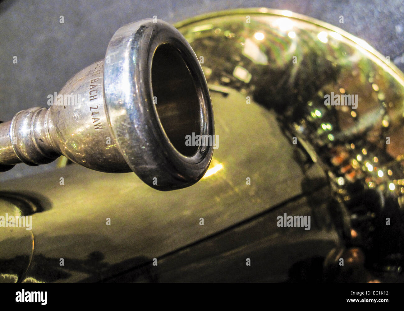 Tuba mouthpiece. Bach 24 AW model, on orchestral bass tuba. Close-up. The Vincent Bach 24AW tuba mouthpiece in silver-plate Stock Photo