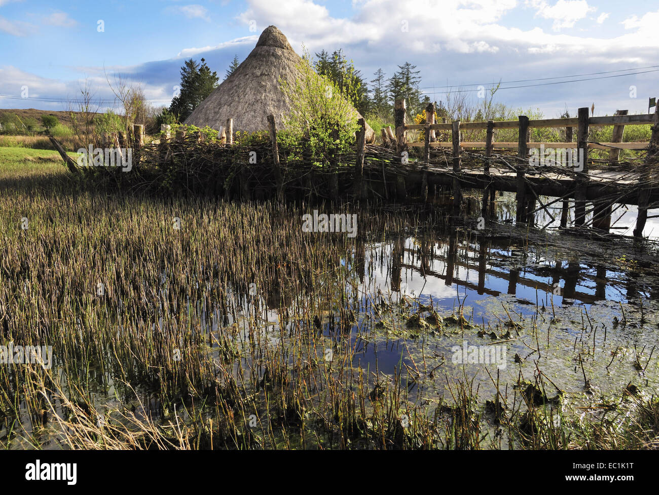 Irish Crann—g in lake, accessed only by causeway or dug-out boat, for protection; reconstructed at Connemara, Co. Galway Stock Photo