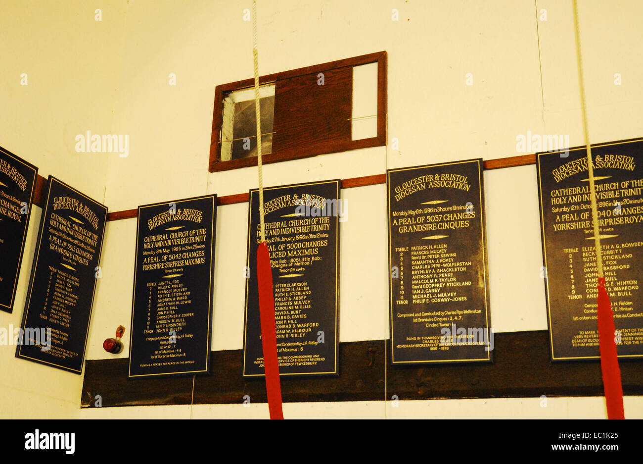 Bellringing changes plaques in south tower of Gloucester Cathedral
