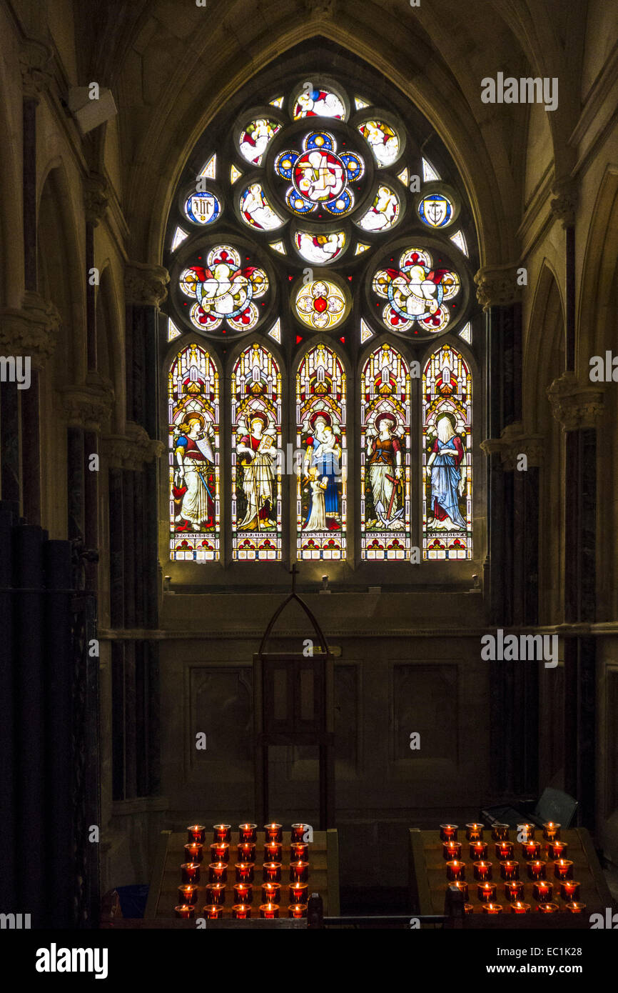Stained glass, Kylemore Abbey; tracery windows in South Transept