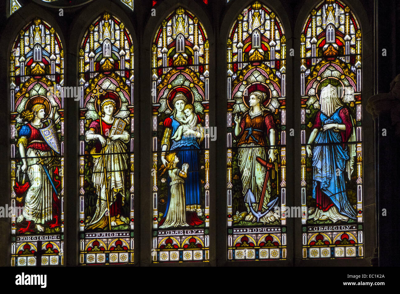 Stained glass, Kylemore Abbey; tracery windows in South Transept