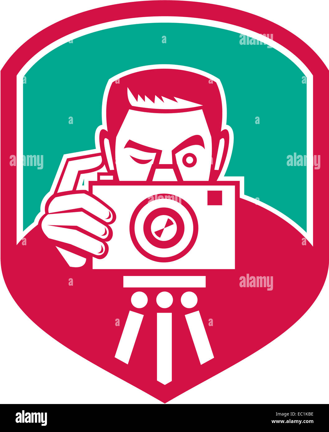 Illustration of a photographer shooting aiming with vintage camera set inside shield crest on isolated background done in retro Stock Photo