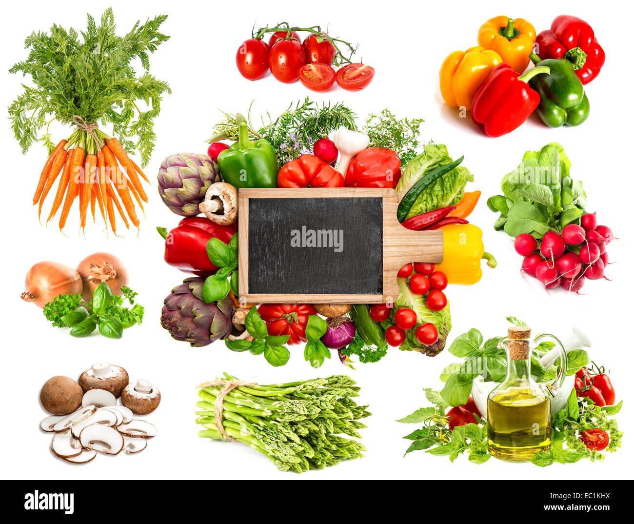 Vegetables and herbs isolated on white background. Blackboard for your text and food recipes. Healthy organic nutrition concept Stock Photo