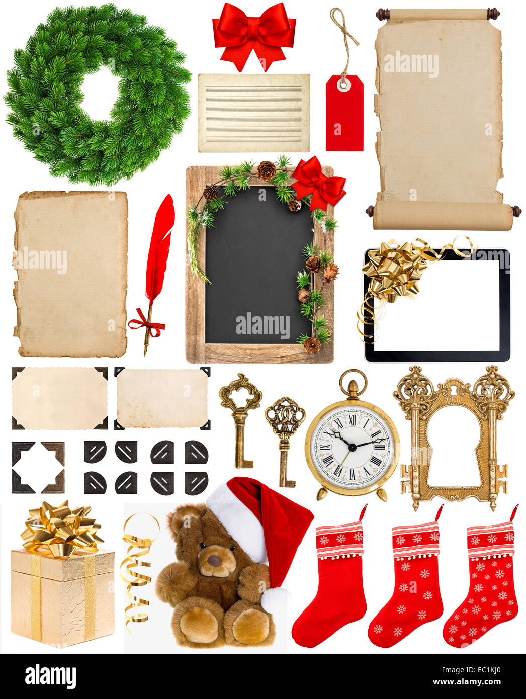 christmas decorations, ornaments and gifts. old book pages, paper, scroll, wreath, blackboard, corner and photo frame isolated o Stock Photo