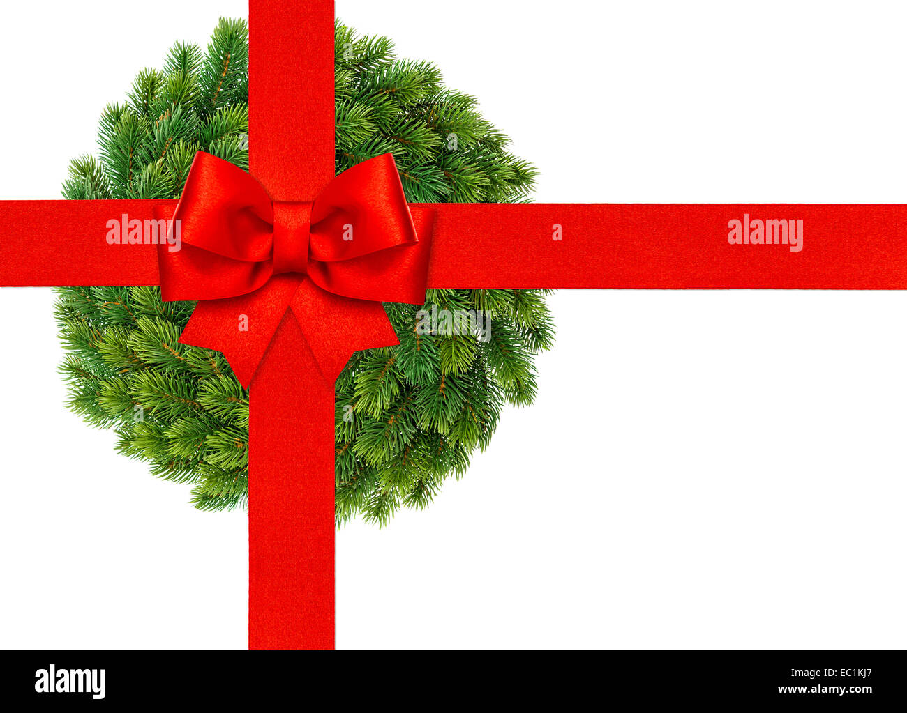 red ribbon bow with christmas wreath isolated on white background Stock ...