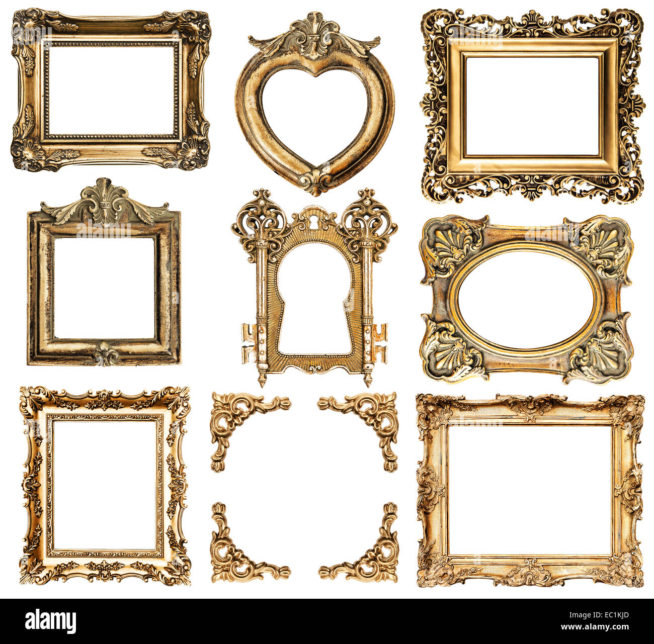 collection of golden frames isolated on white background. baroque style