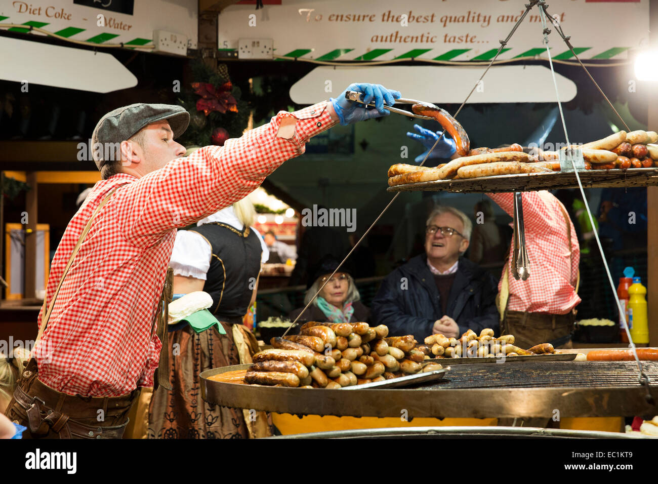 A stall in Lincoln Christmas market selling sausages Stock Photo