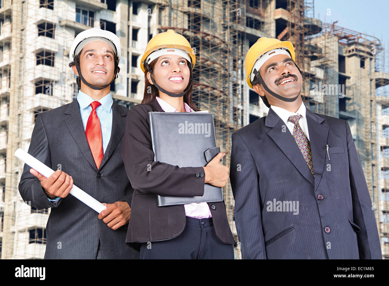 3 indian Builders Construction site Stock Photo