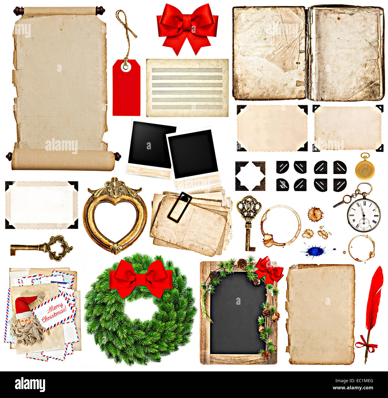 scrapbook elements for christmas holidays greetings. old book pages, paper, scroll, wreath, blackboard, corner and photo frames Stock Photo