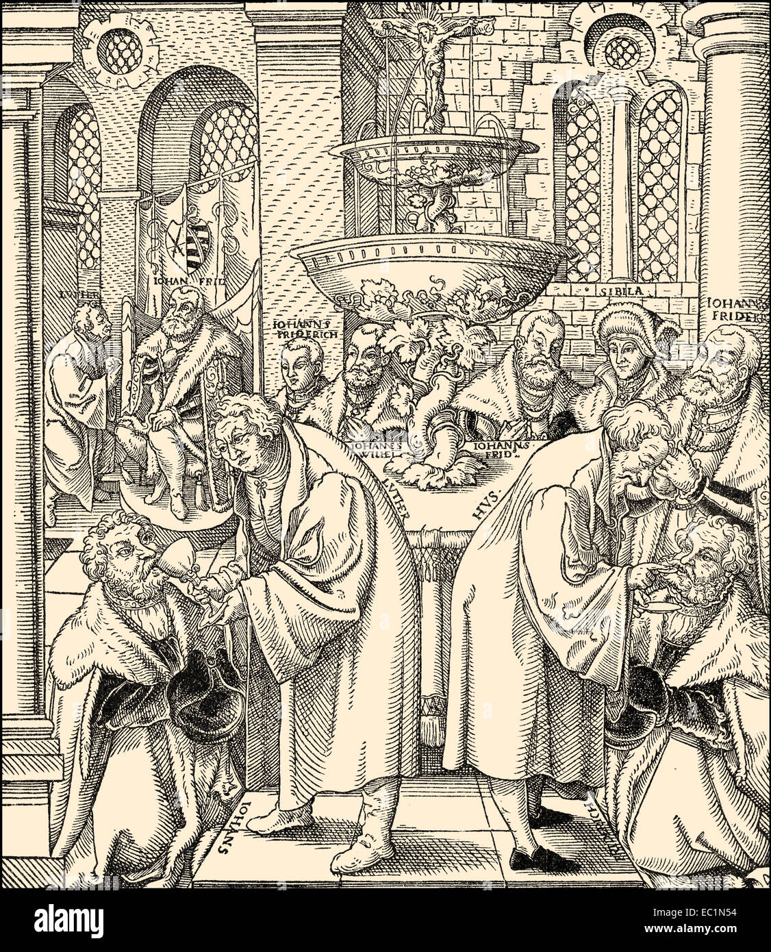 Martin Luther and Jan Hus or Johannes Huss giving the Eucharist, 15th century, Stock Photo