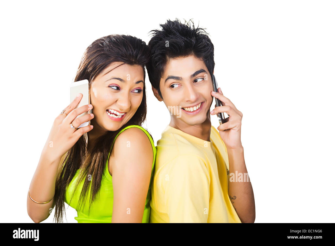 indian college couple talking phone Stock Photo