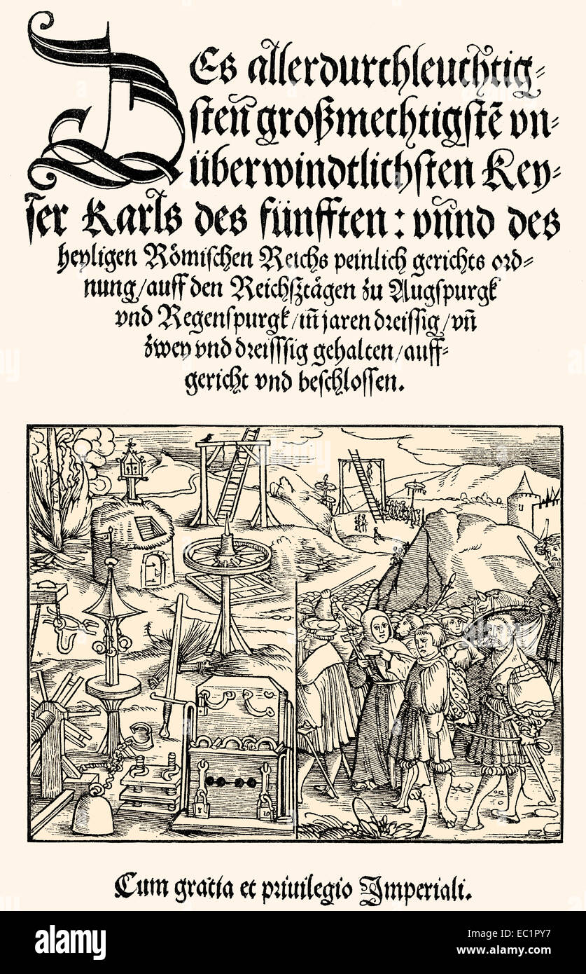 Title of the Constitutio Criminalis Carolina, the first body of German criminal law by Charles V., 1532, Stock Photo