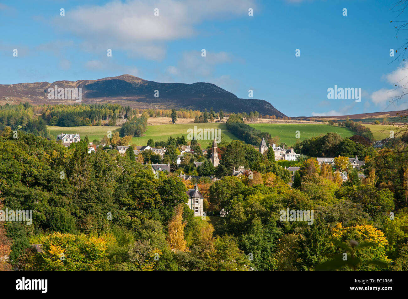 Landscape view of early autumn across the Perthshire town of Pitlochry, Scotland. Stock Photo