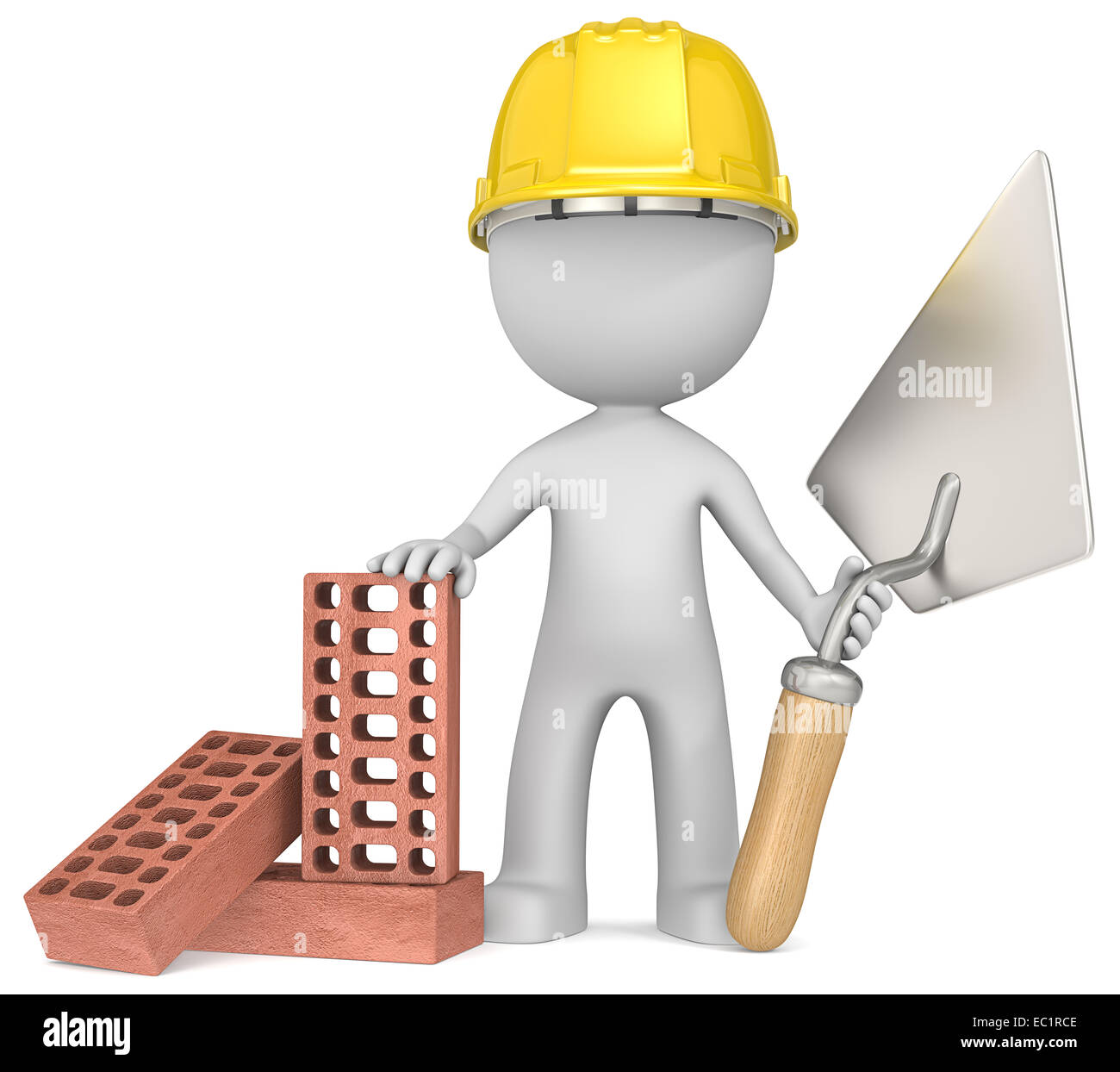 Dude the Bricklayer with trowel and bricks. Stock Photo