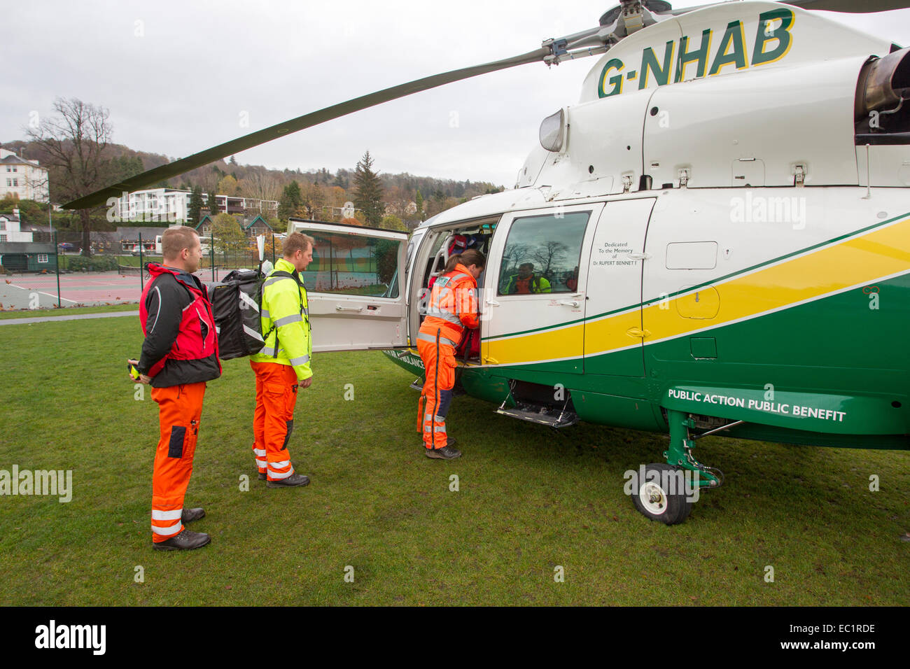 The Great North Air Ambulance Service (GNAAS) helicopter aircraft At the Glebe Bowness Bay Lake Windermere Stock Photo
