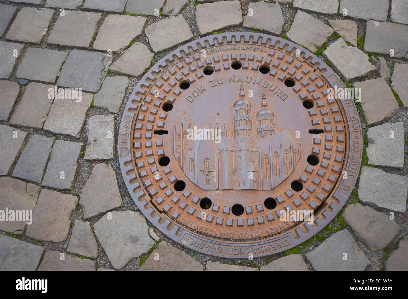 Naumburg Cathedral on a manhole cover, Naumburg, Saxony-Anhalt, Germany Stock Photo