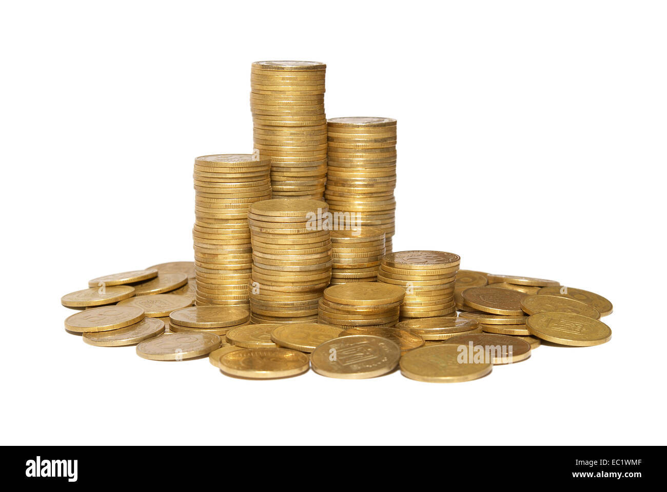 Column of golden coins isolated on white. Stock Photo
