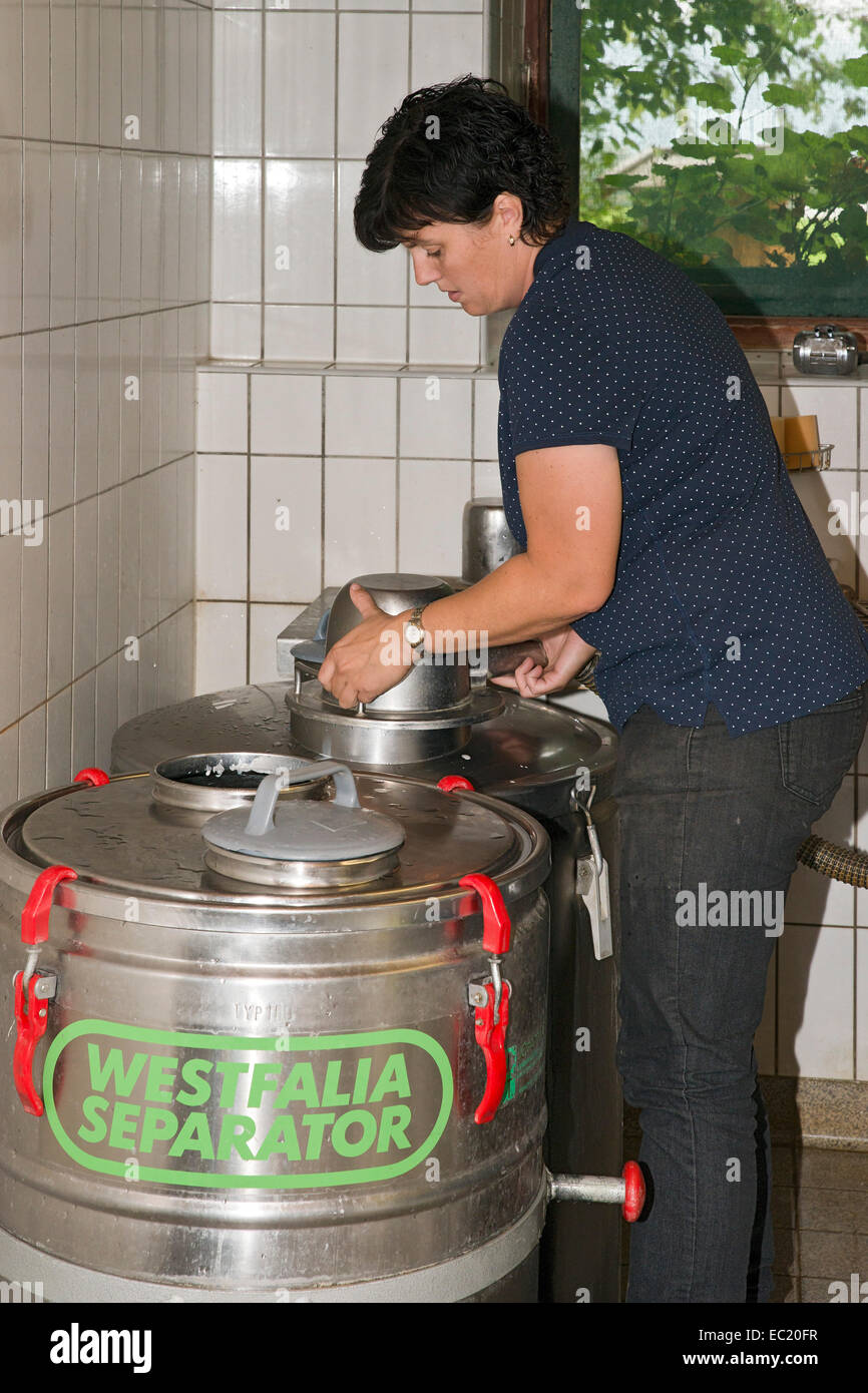 Young farmer filling milk into transport tanks, Sprenger family farm, Schwaz District, Tyrol, Austria Family Stock Photo