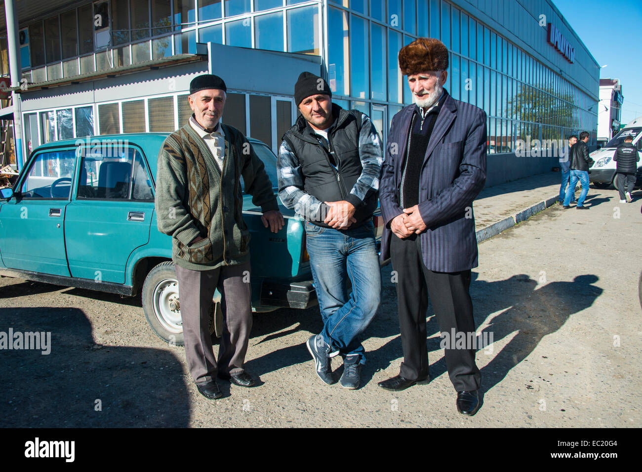 Friendly taxi drivers, Chechnya, Caucasus, Russia Stock Photo
