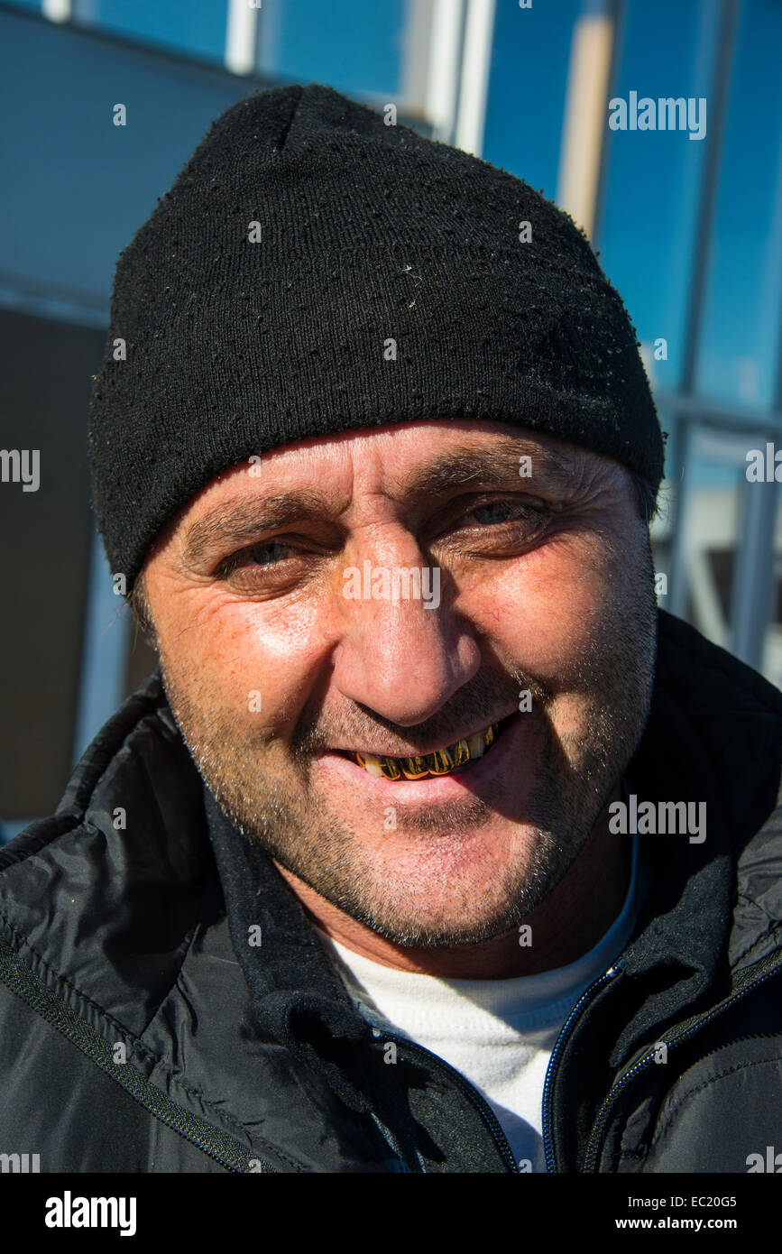 Portrait, friendly Chechen man with gold teeth, Chechnya, Caucasus, Russia Stock Photo