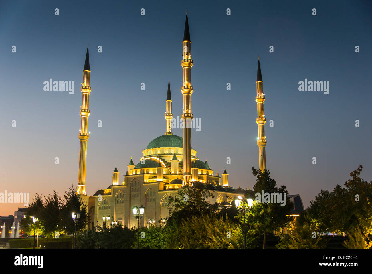 Akhmad Kadyrov Mosque at dusk, Grozny, Chechnya, Caucasus, Russia Stock Photo