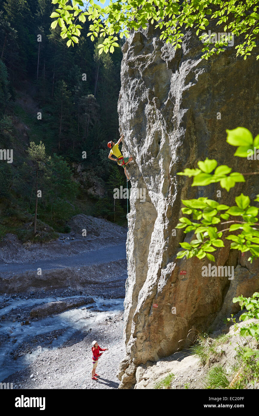 Sport climber climbing a rock face, Ehnbachklamm gorge, Zirl, Tyrol, Austria Stock Photo