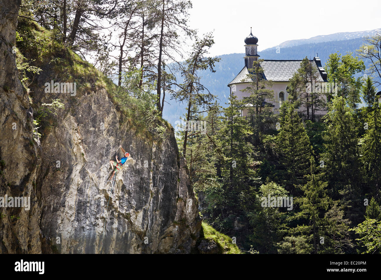 Sport climber climbing a rock face, Ehnbachklamm Zirl, Tyrol