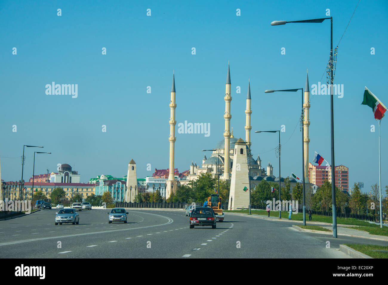 Highway and Akhmad Kadyrov Mosque, Chechnya, Caucasus, Russia Stock Photo