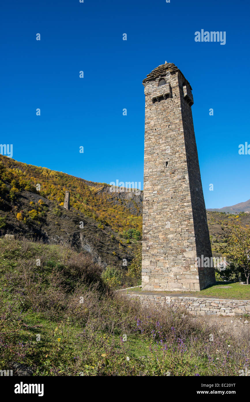 Chechen watchtower in the chechen mountains near Itum Kale, Chechnya, Caucasus, Russia Stock Photo