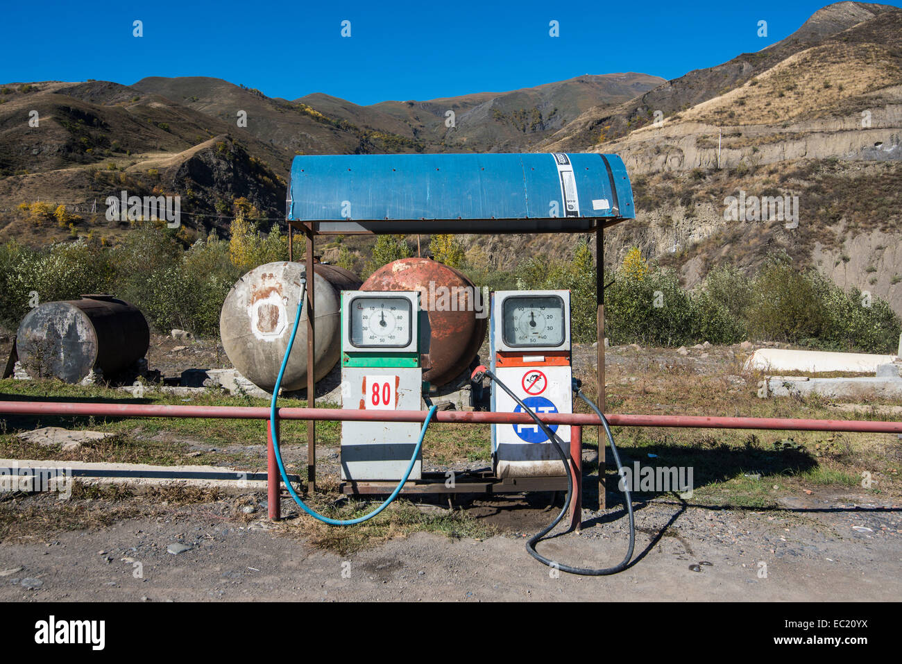 Remote gas station in the Caucasian moutains, Chechnya, Caucasus, Russia Stock Photo