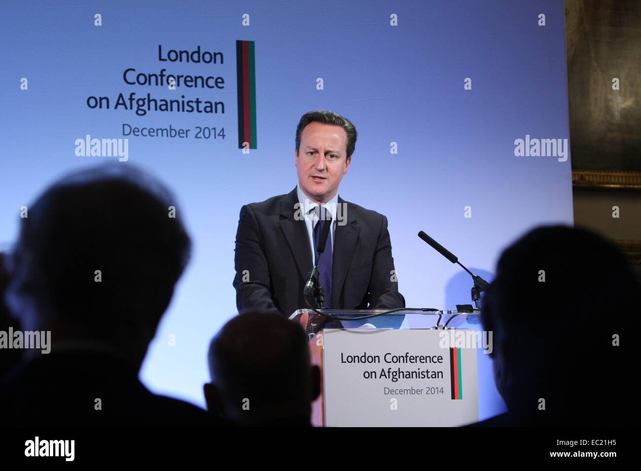 British Prime Minister David Cameron during a press conference following the London Conference on Afghanistan December 4, 2014 in London. Stock Photo
